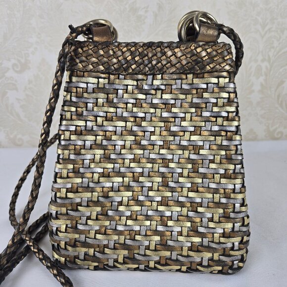 LJS Collection Small Braided Woven Leather Bucket Shoulder Bag Mixed Metallics - Picture 4 of 13